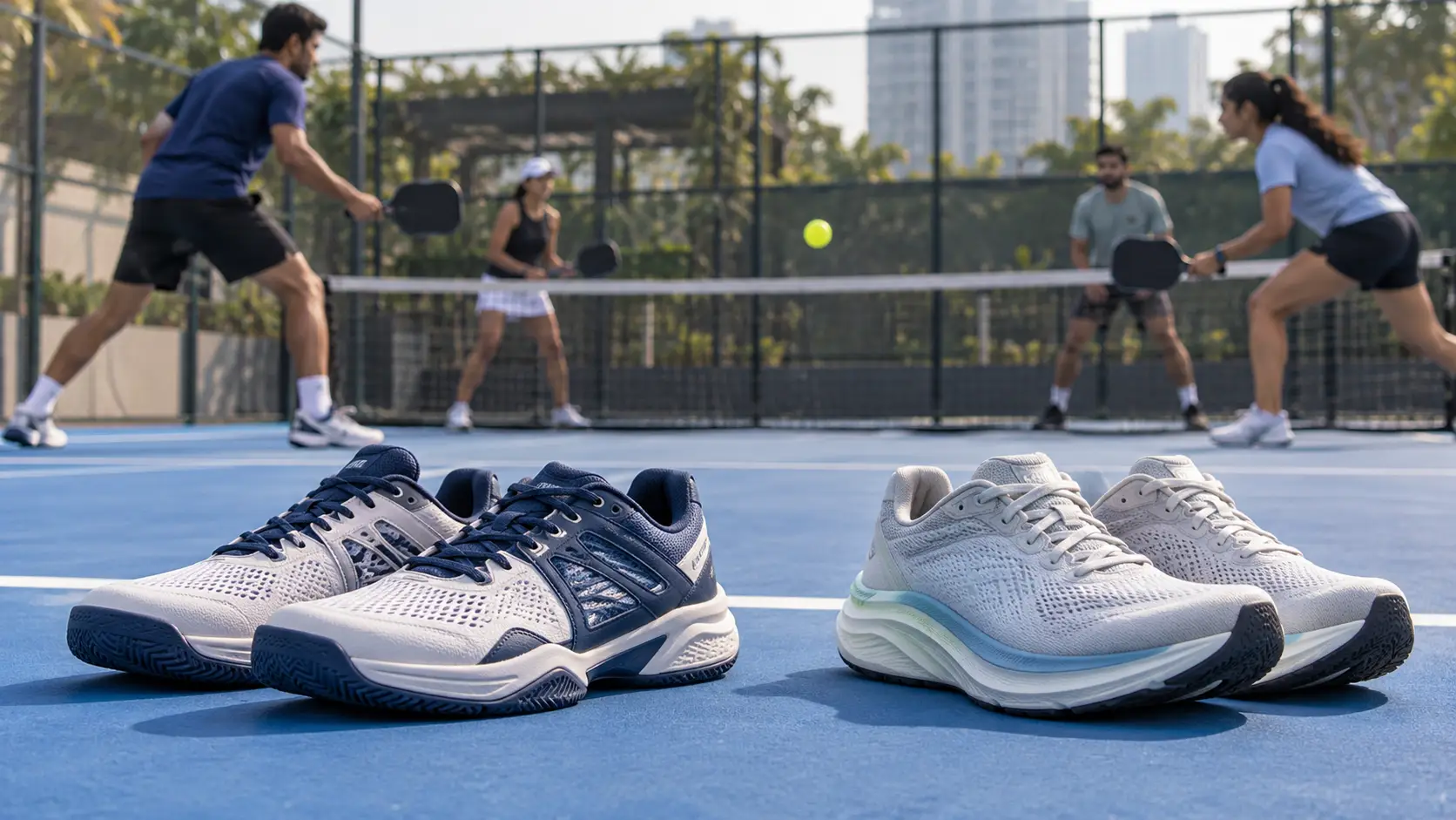 Pickleball court shoes and running shoes compared on a blue pickleball court