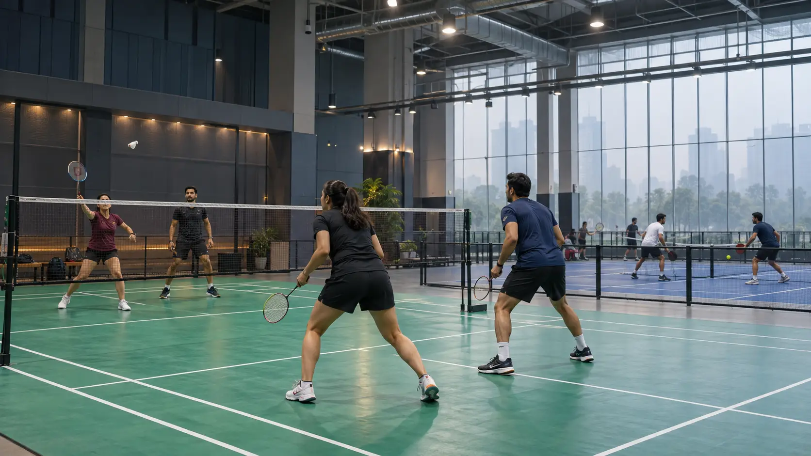 Indoor badminton and pickleball courts at a modern sports facility in Delhi NCR during pollution season.