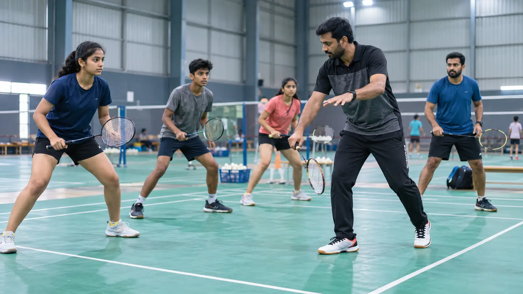 Badminton coach training students at an indoor academy in Delhi NCR