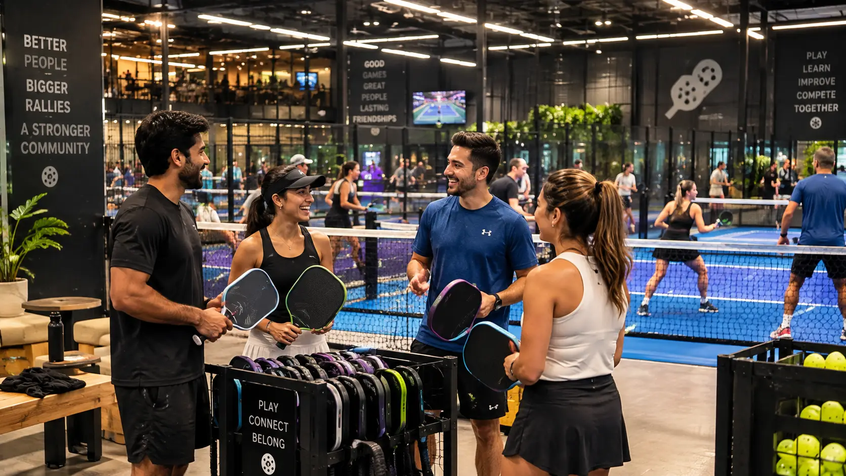 Group of active pickleball players resting between rotations during a social open play session at an indoor court