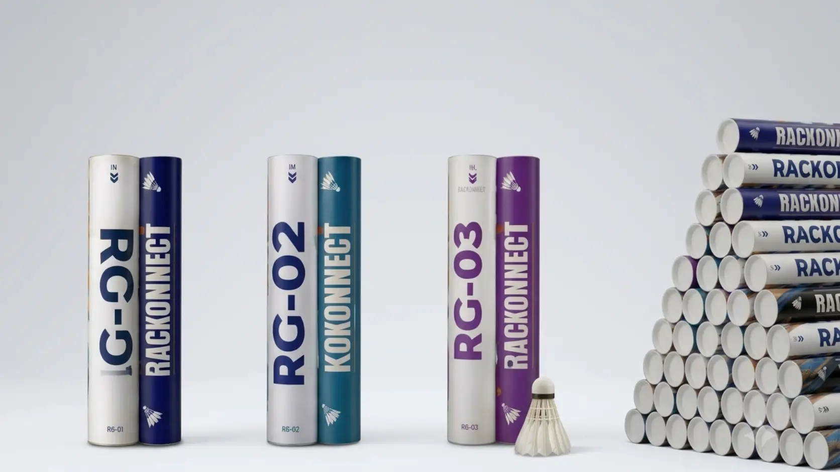 Rackonnect RG-01, RG-02, RG-03 and RD Pro-A feather shuttlecock tubes displayed for a badminton shuttlecock price and bulk buying guide