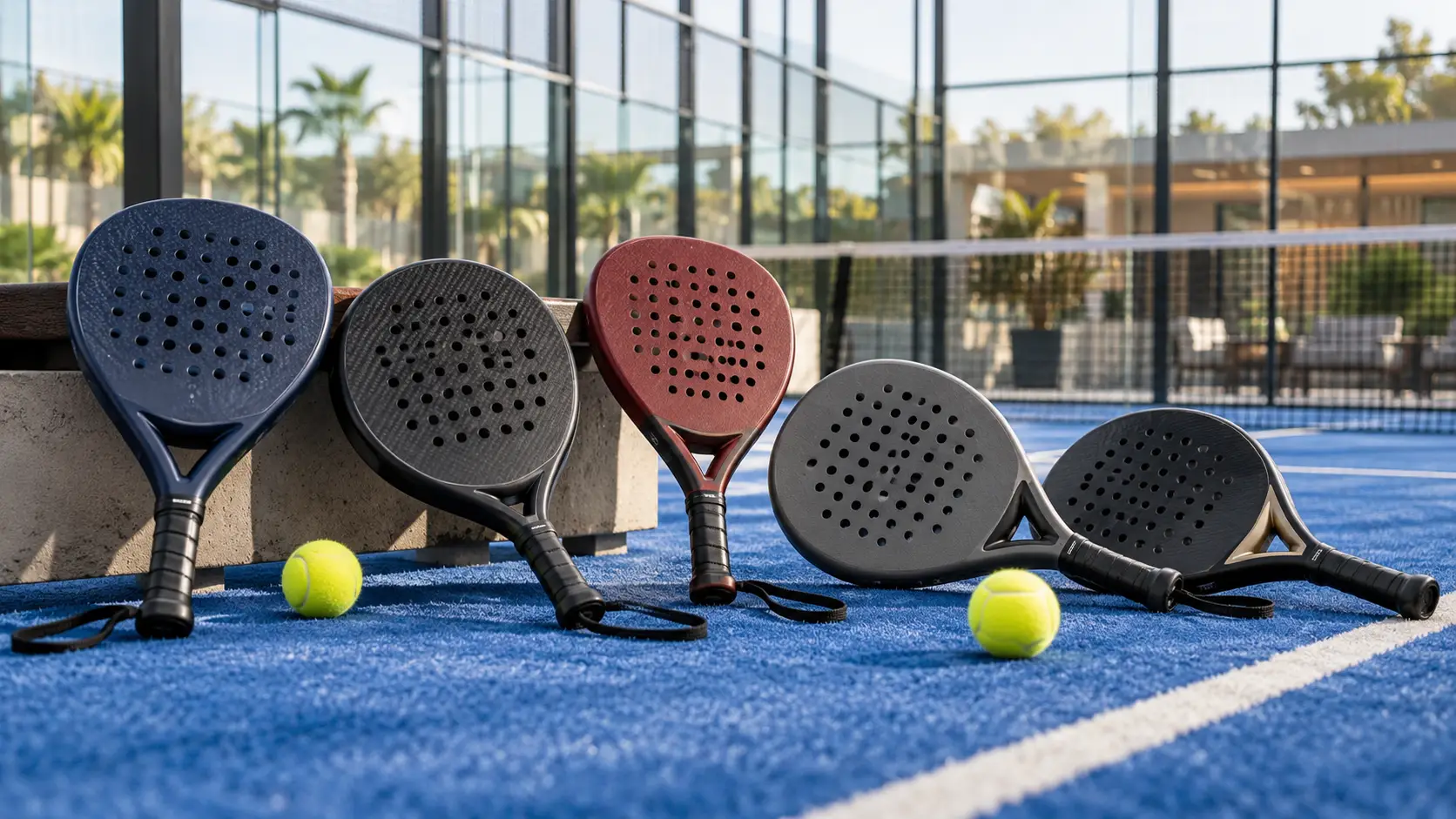 Beginner-friendly round and teardrop padel rackets arranged on a blue padel court, showing different racket shapes and designs.