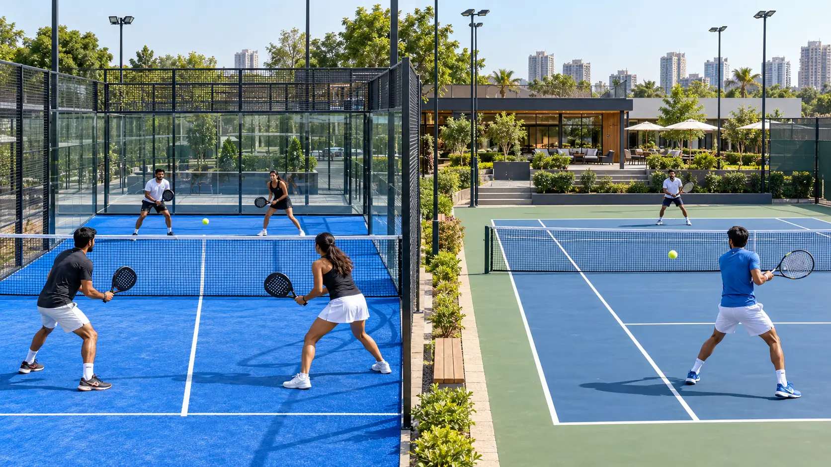 Padel doubles match on a glass-walled court alongside a tennis match on an open court.